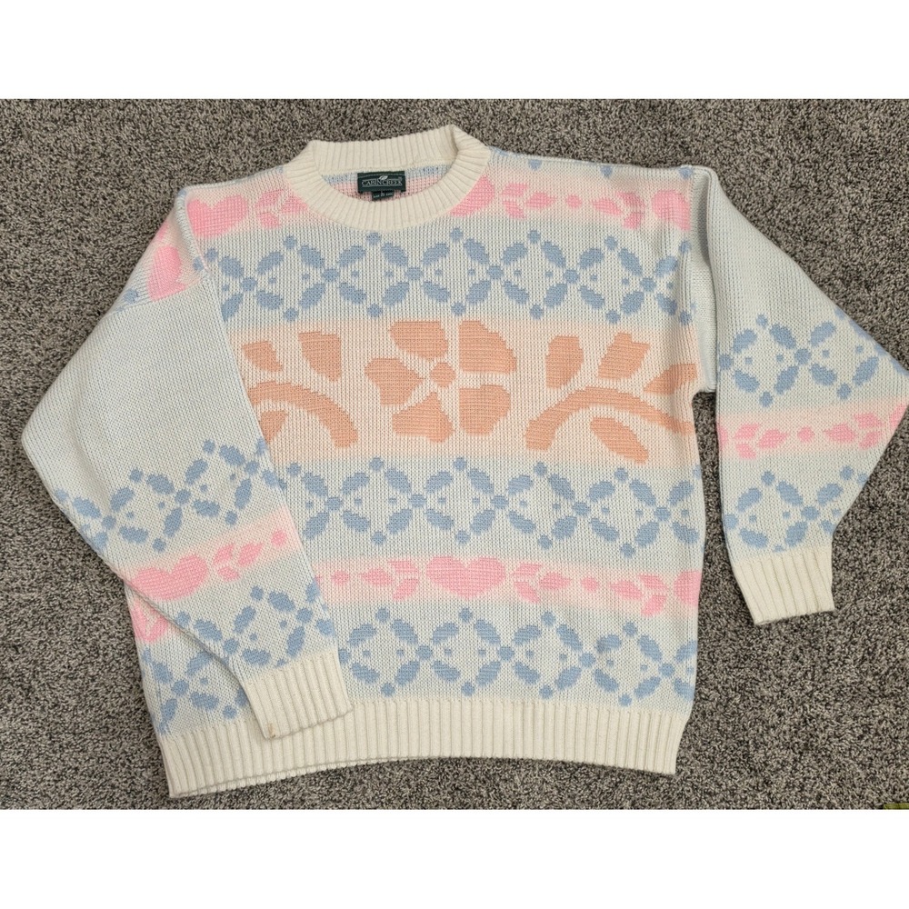 Vintage Cabin Creek Pastel Floral Heart Knit Sweater Crewneck Made in USA Large
